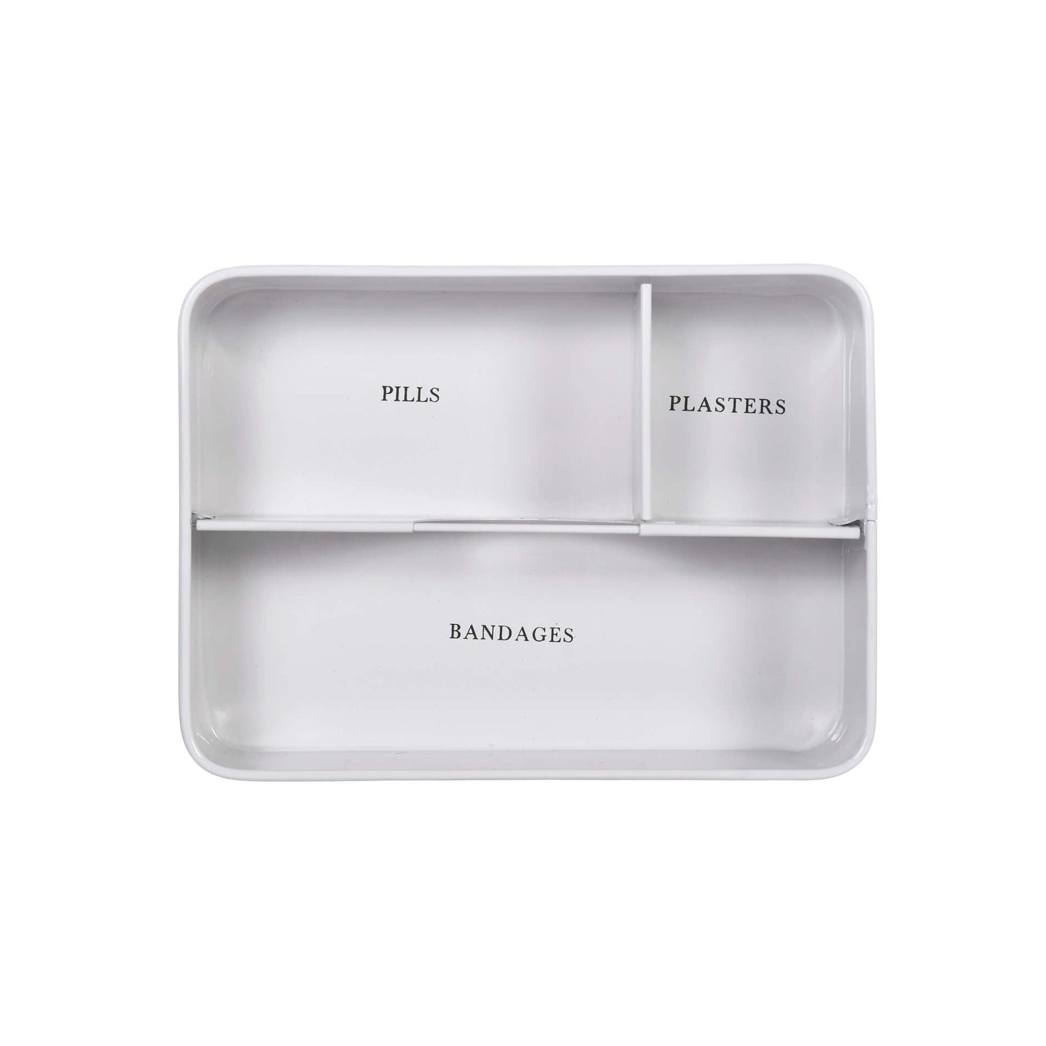 Gray divided tray with sections labeled 'Pills', 'Plasters', and 'Bandages' on a white background.