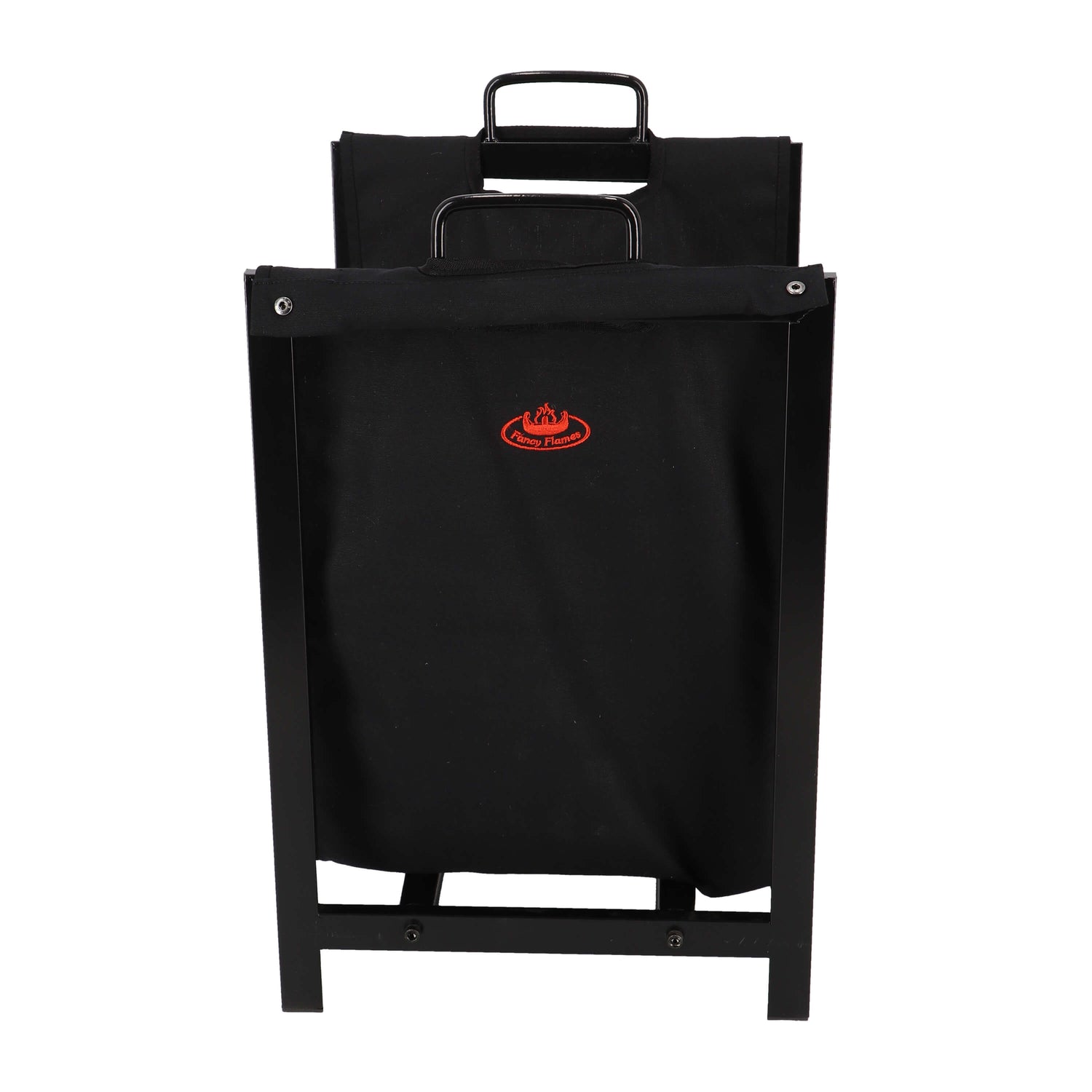 Black log carrier with a red logo on a white background