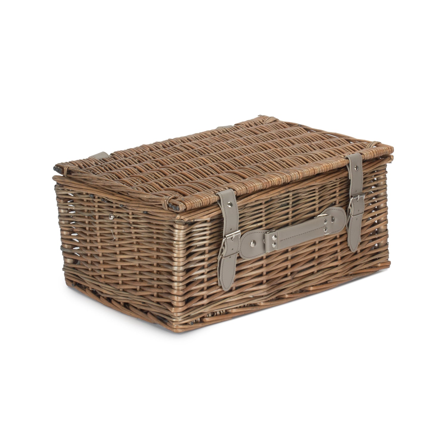 Wicker picnic basket with a metal clasp on a white background