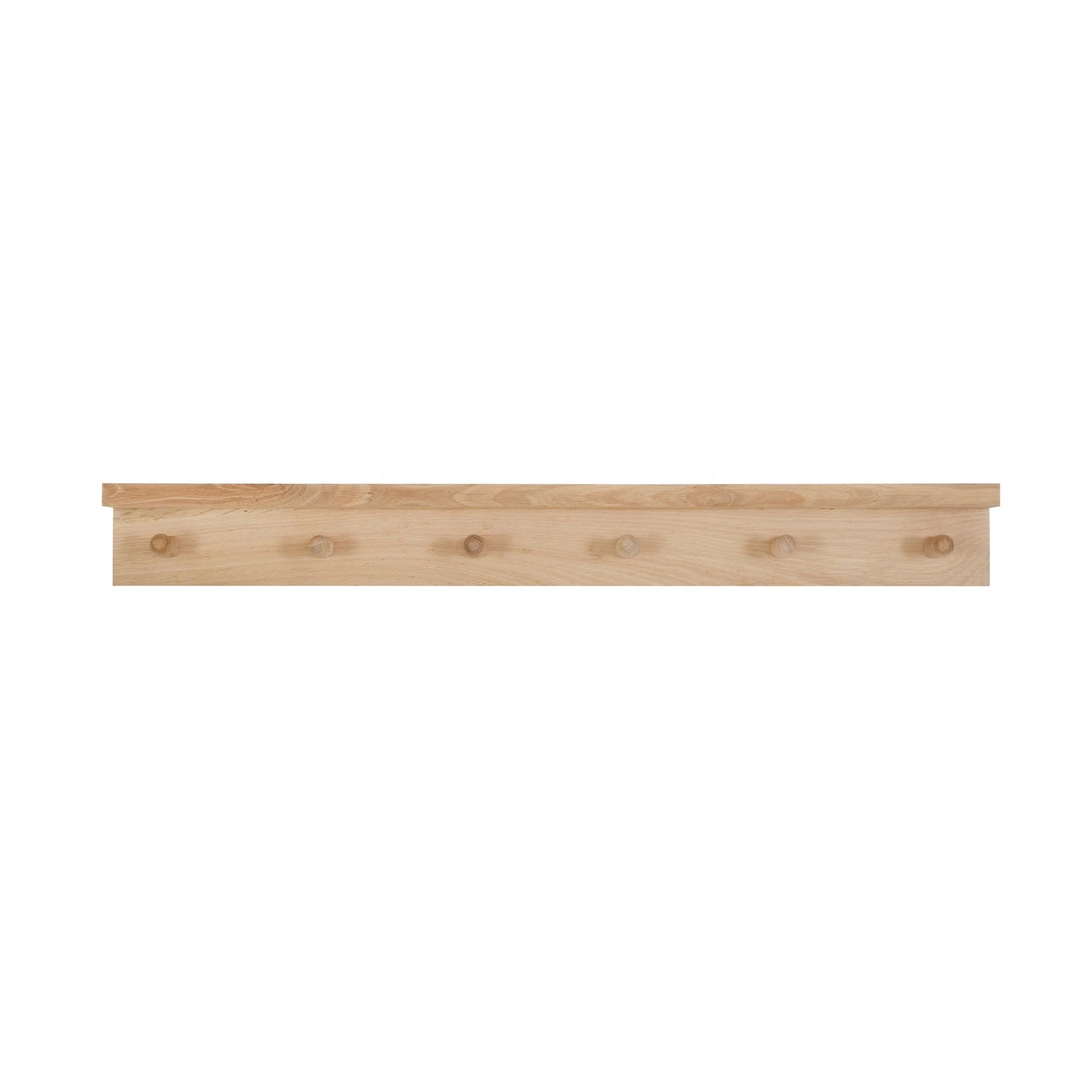 Wooden shelf with four pegs on a white background