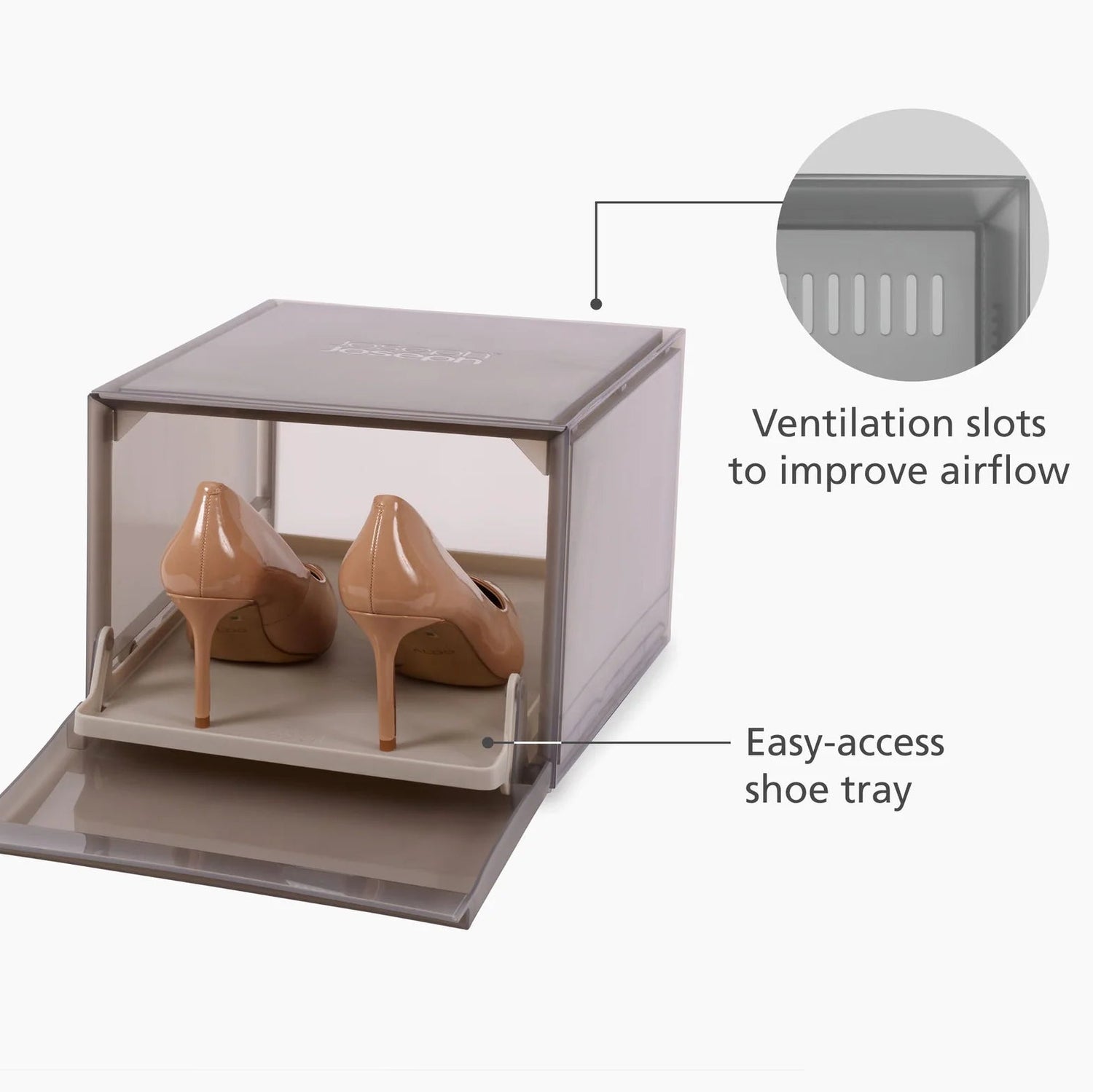 Shoe storage box with ventilation slots and easy-access tray, containing high-heeled shoes.