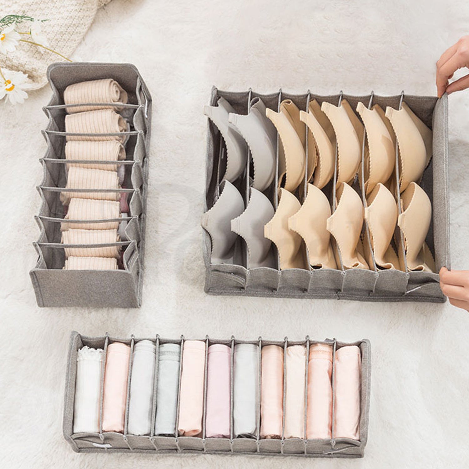 grey fabric drawer organisers for bras, knickers and smalls