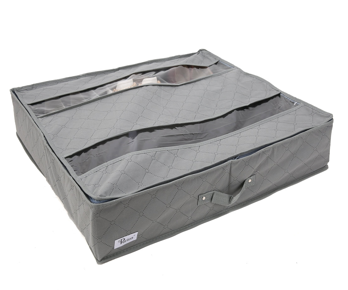 Grey storage bag with a clear window to store shoes under the bed