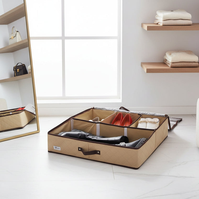 Beige shoe organizer with compartments containing shoes on a white background