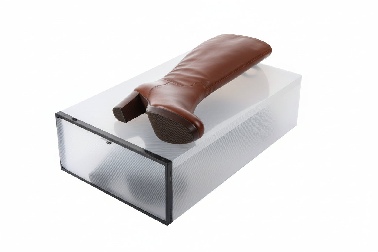 brown high-heeled boot in a clear shoe box on a white background