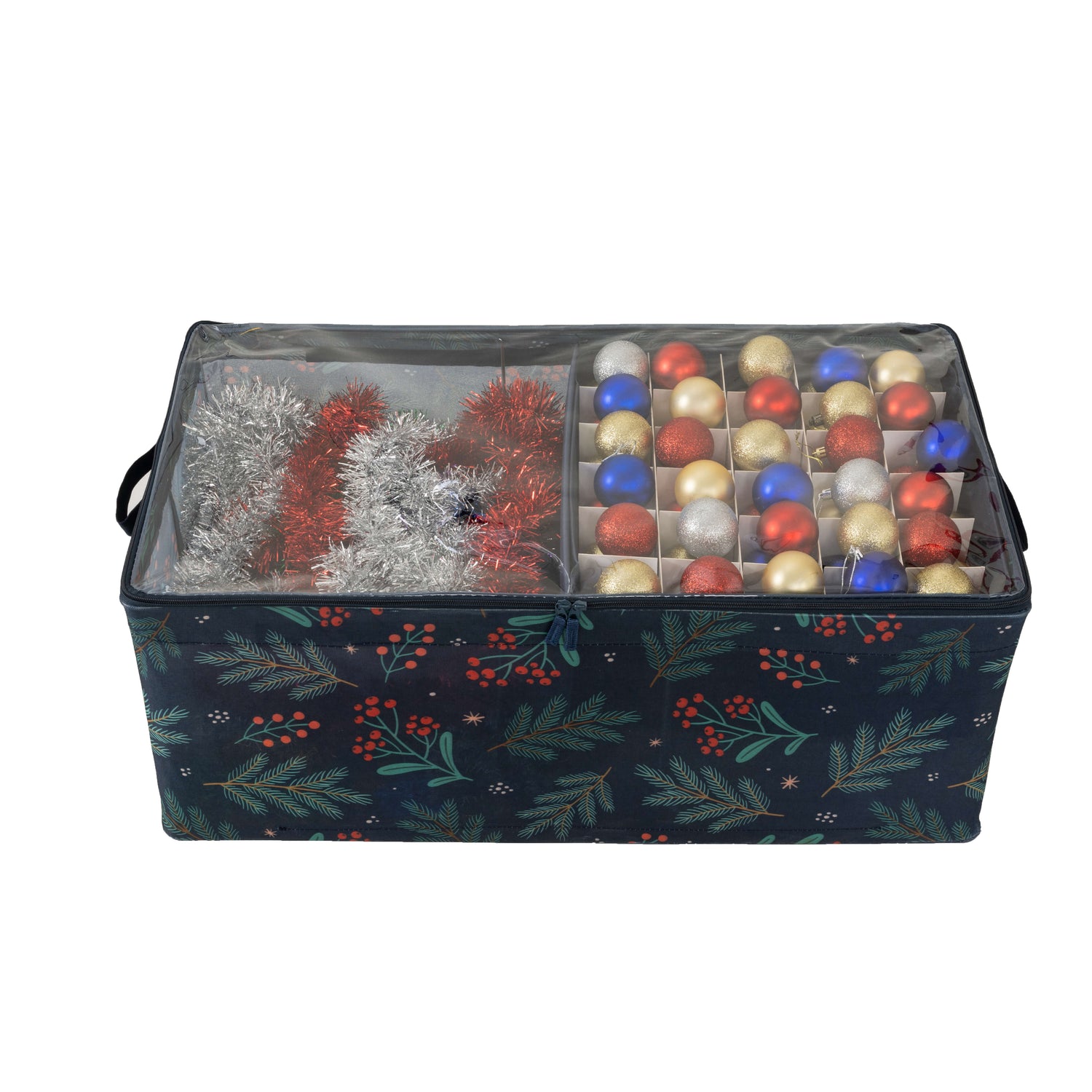 Christmas ornament storage box with decorative design on a white background