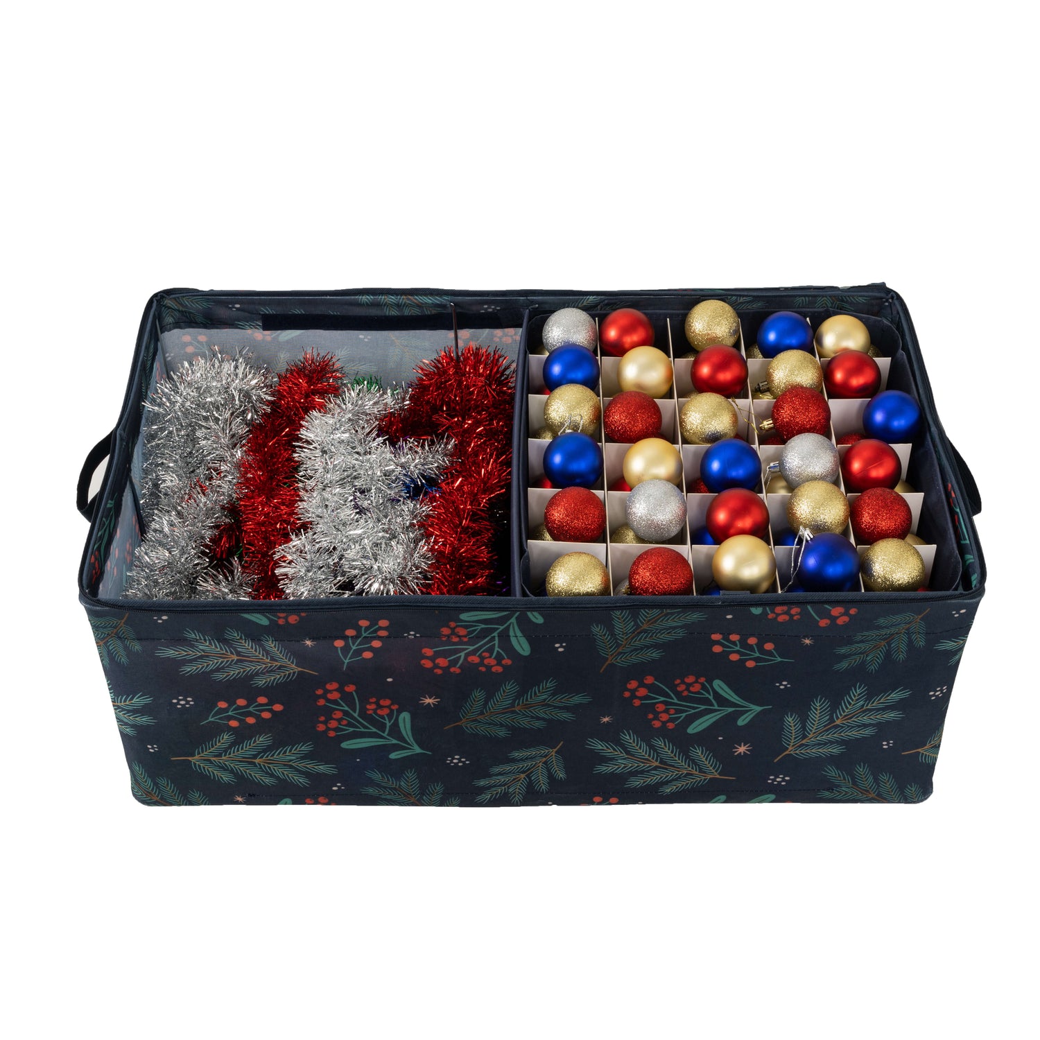Storage box with Christmas decorations including tinsel and ornaments.