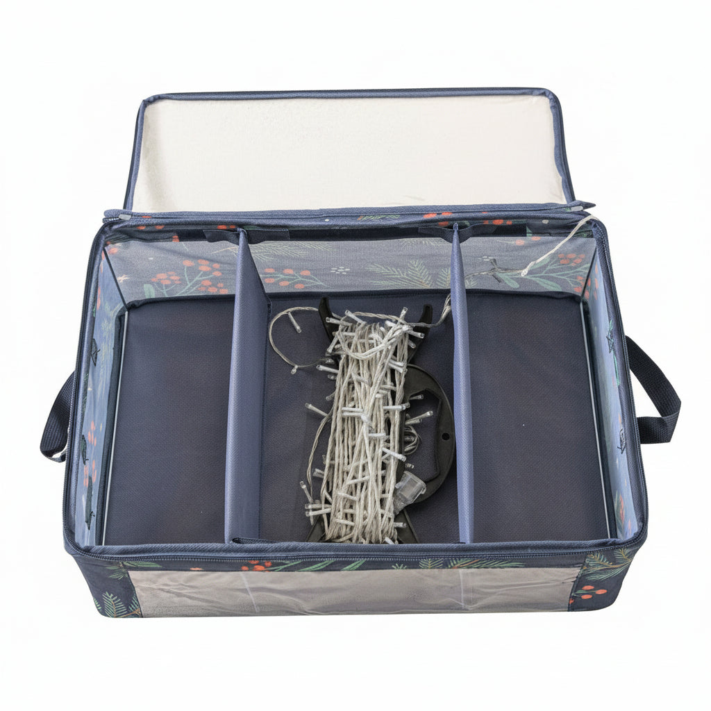 Storage bag with compartments containing fairy lights on a white background