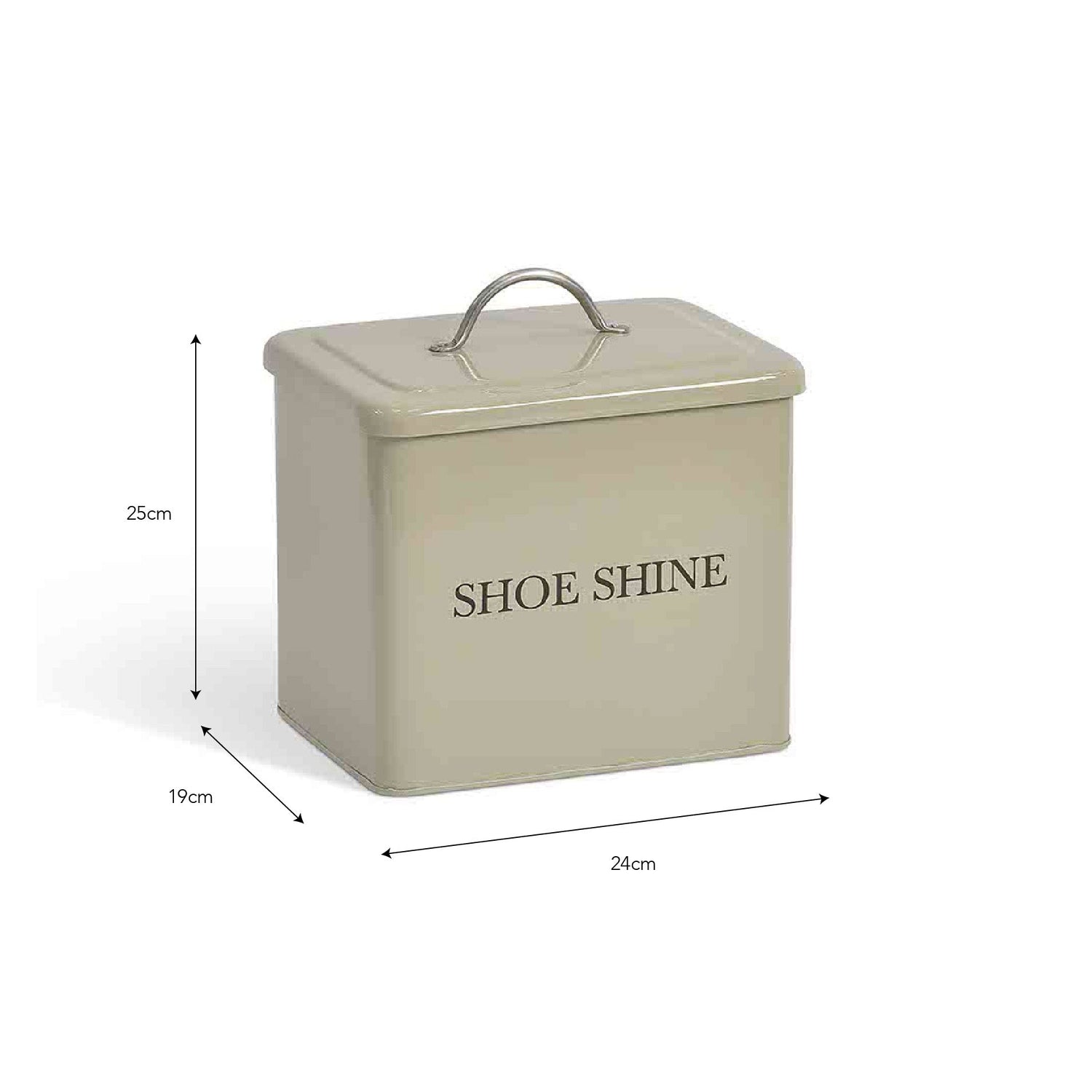 Beige metal box labeled 'Shoe Shine' with dimensions on a white background