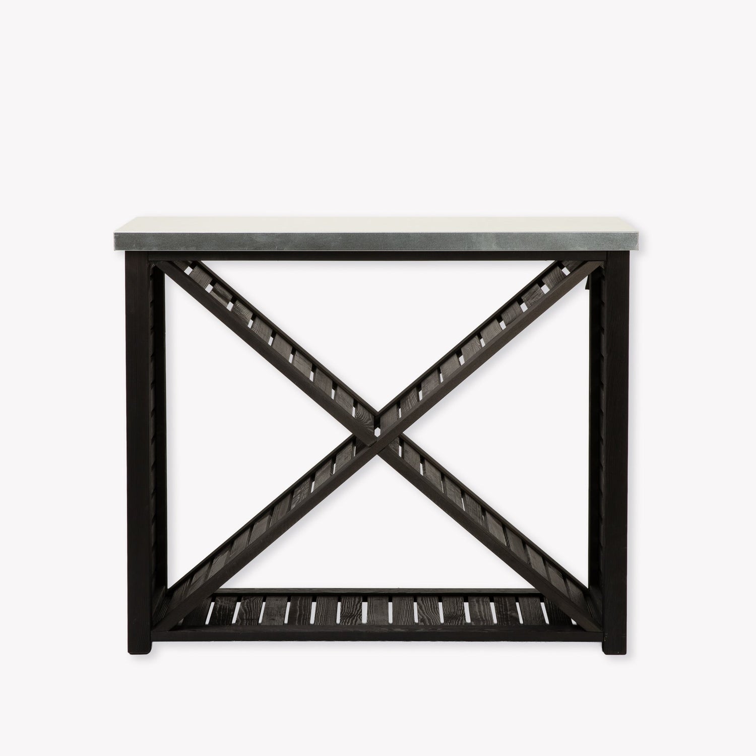 Black metal console table with X-shaped design on a white background