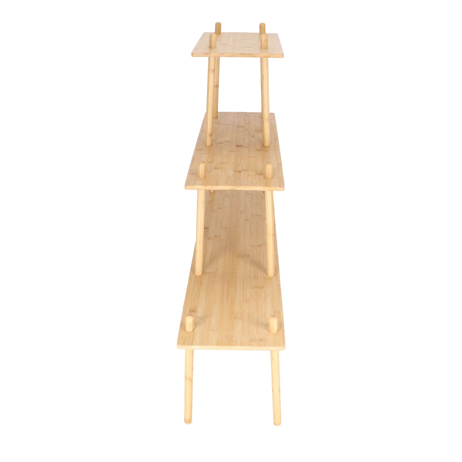 Wooden shelf with three tiers on a white background