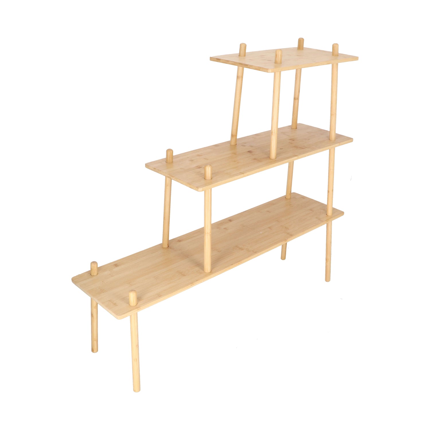 Wooden shelf with three tiers on a white background