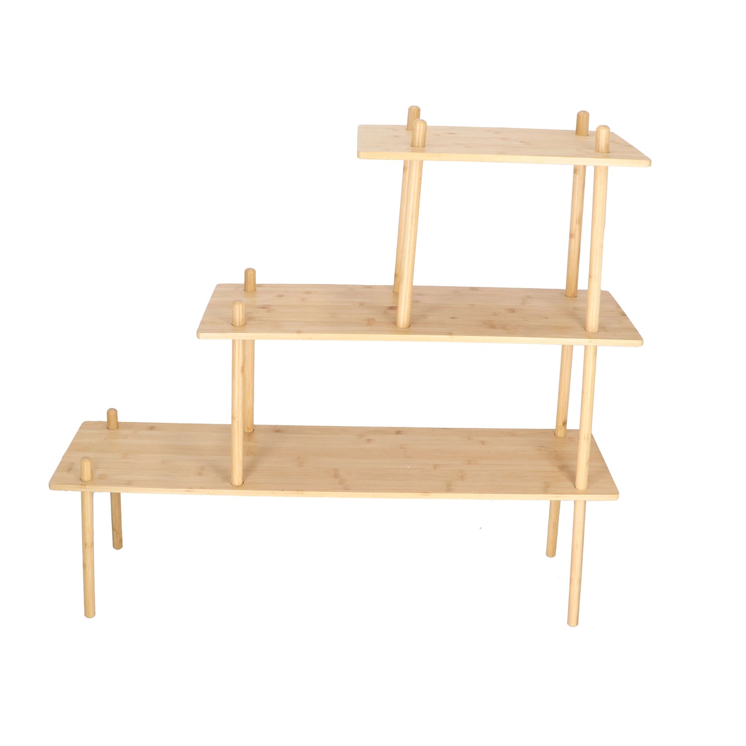 Three-tier wooden shelf on a white background