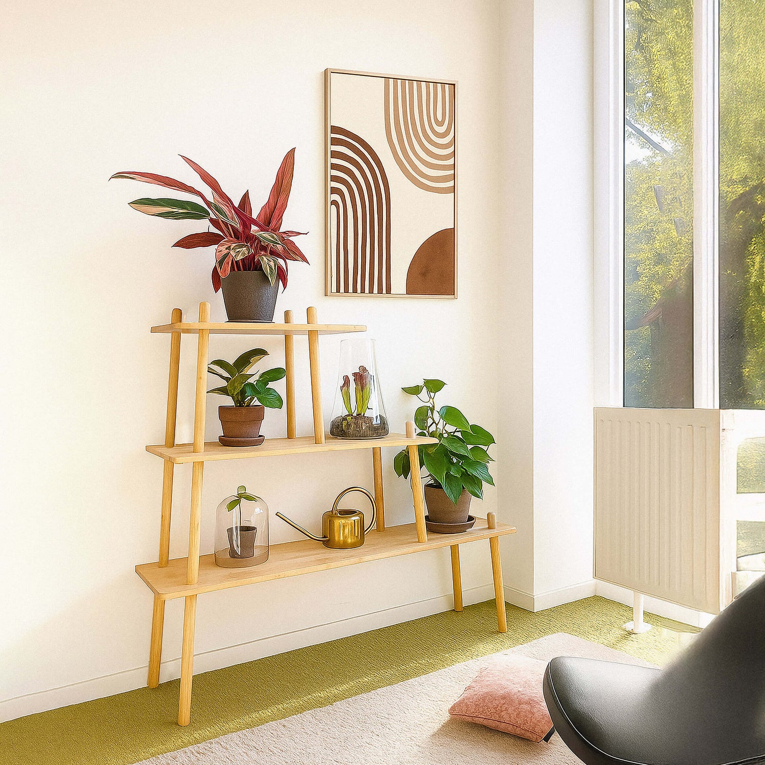 Modern living room with wooden shelf, plants, and abstract art on a white wall.