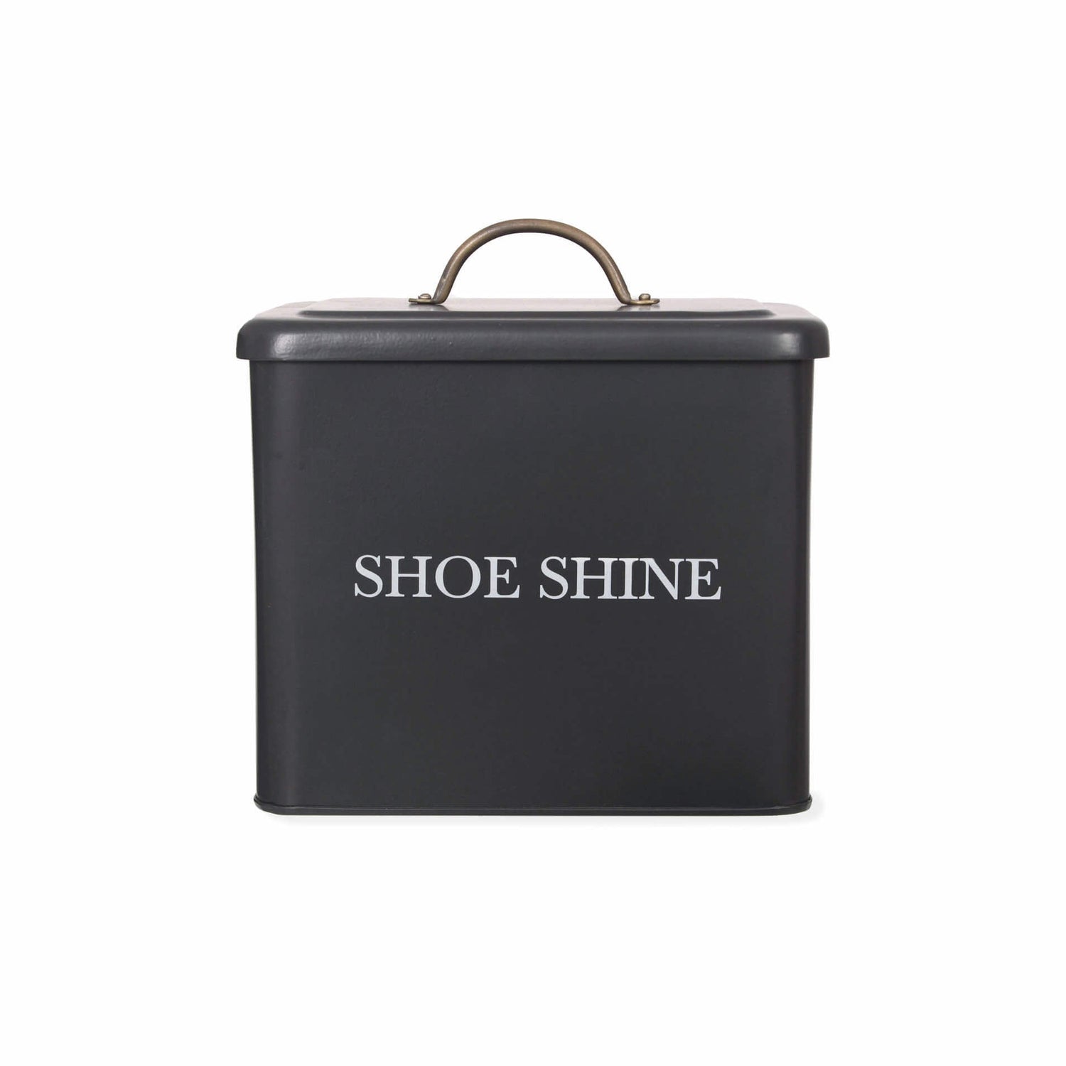Black shoe shine box with 'SHOE SHINE' text on a white background