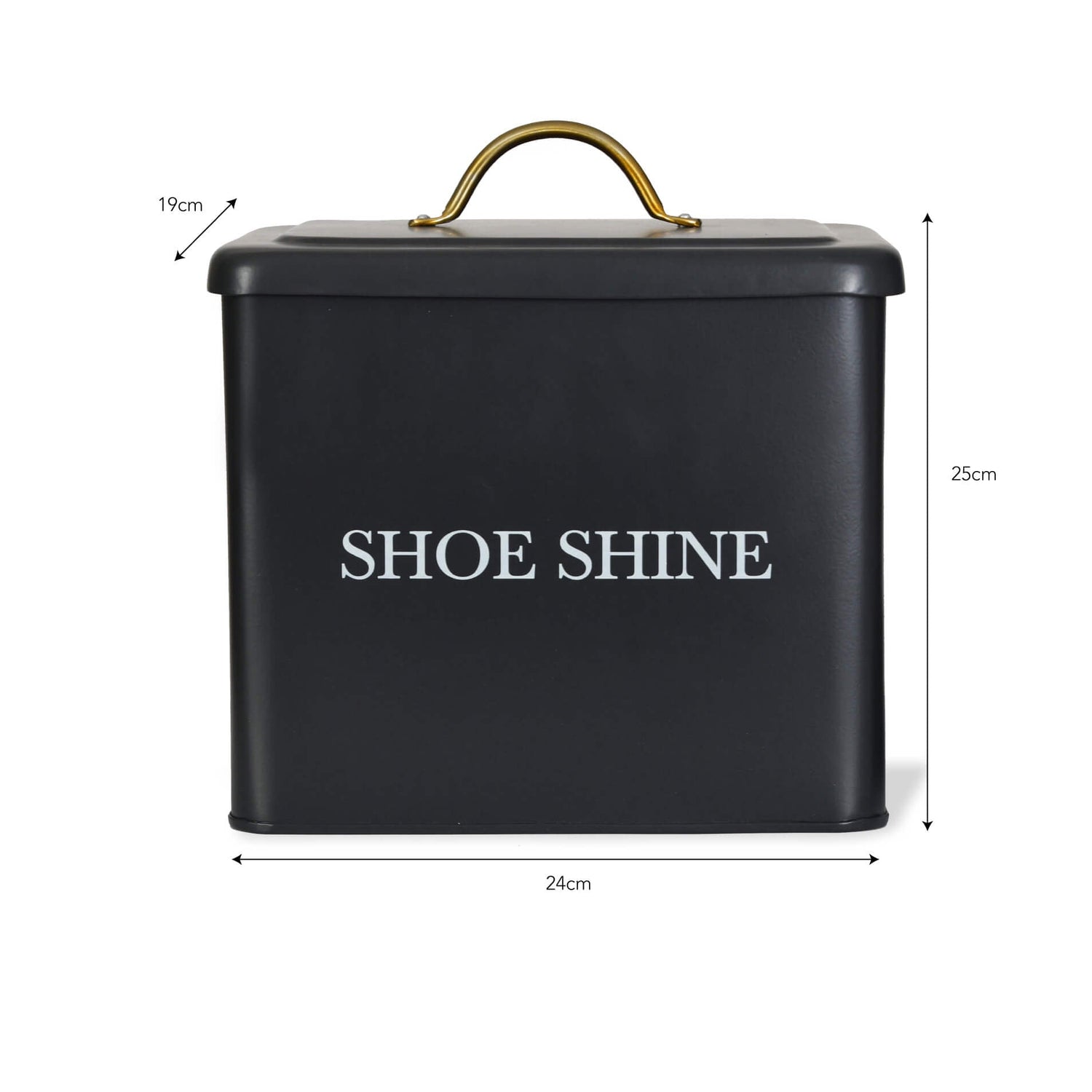 Black shoe shine box with gold handle and dimensions on a white background