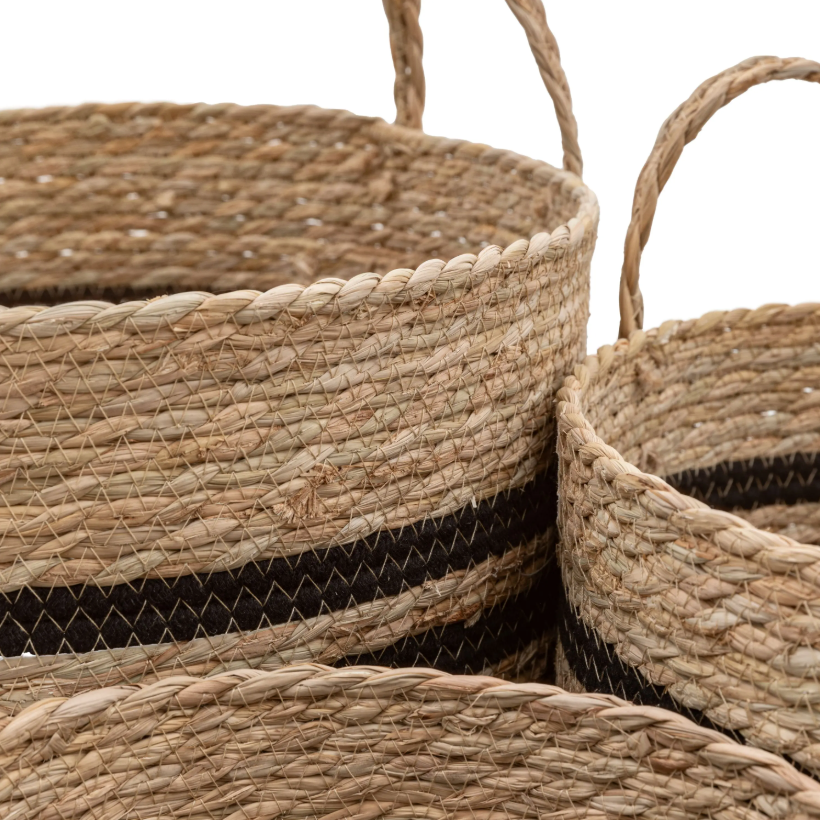 Set of 4 Black Stripe Woven Baskets