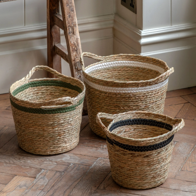 Black, White & Olive Stripe Woven Storage Baskets – Set of 3
