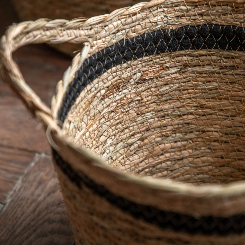 Black, White & Olive Stripe Woven Storage Baskets – Set of 3