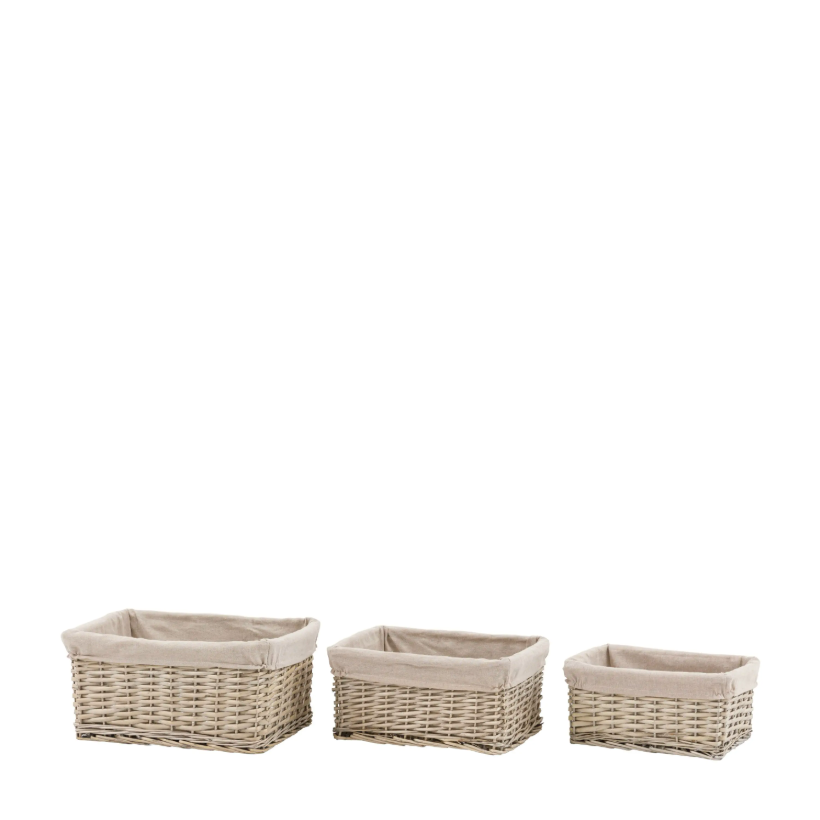 Grey Lined Wicker Storage Baskets – Set of 3