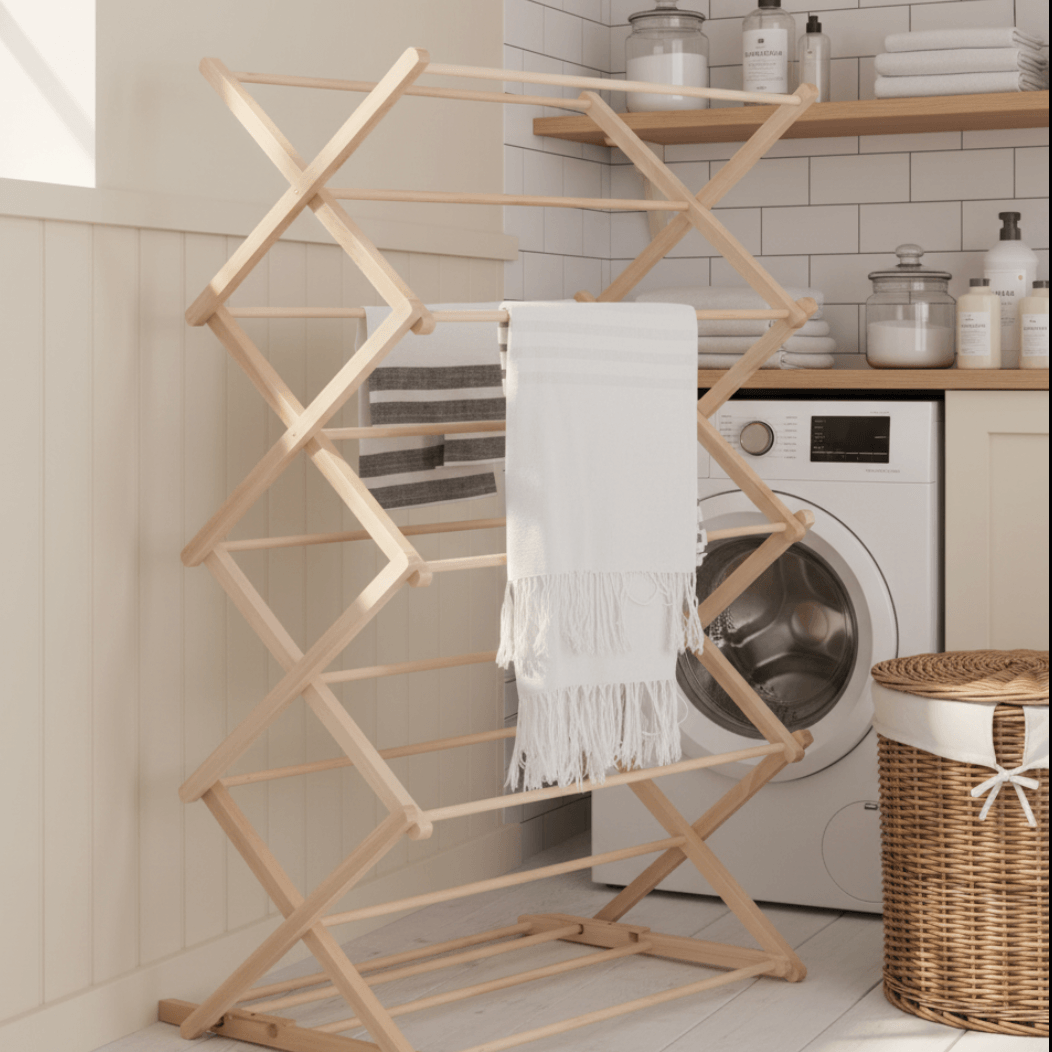 Wooden drying rack with a white towel in a laundry room.