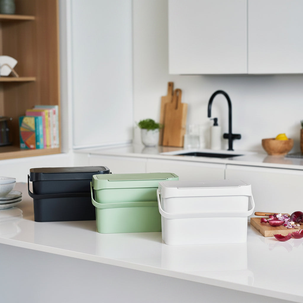 Three resealable food containers on a kitchen counter with a modern kitchen background.