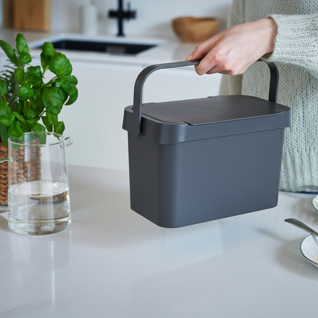 Person holding a green box on a kitchen counter with a plant and dishes in the background