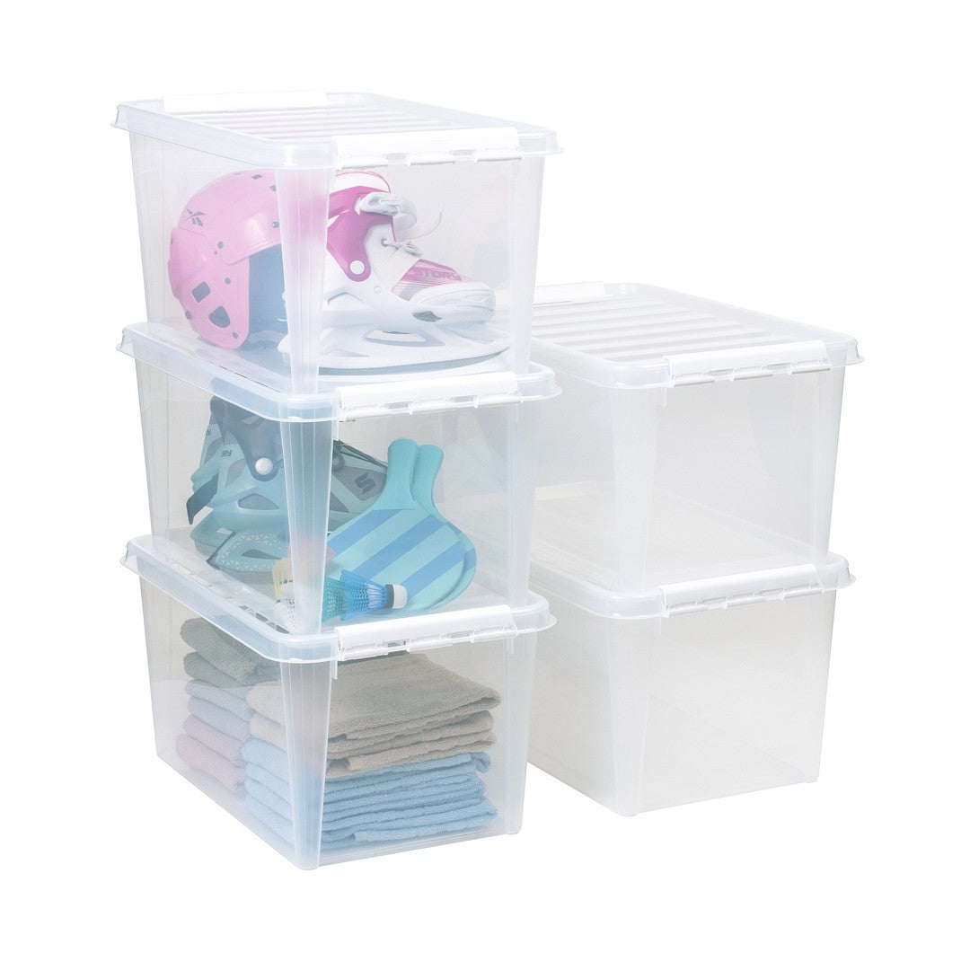 Stack of clear storage boxes with lids on a white background