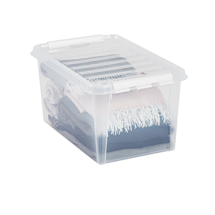 Clear storage box with a white lid on a white background