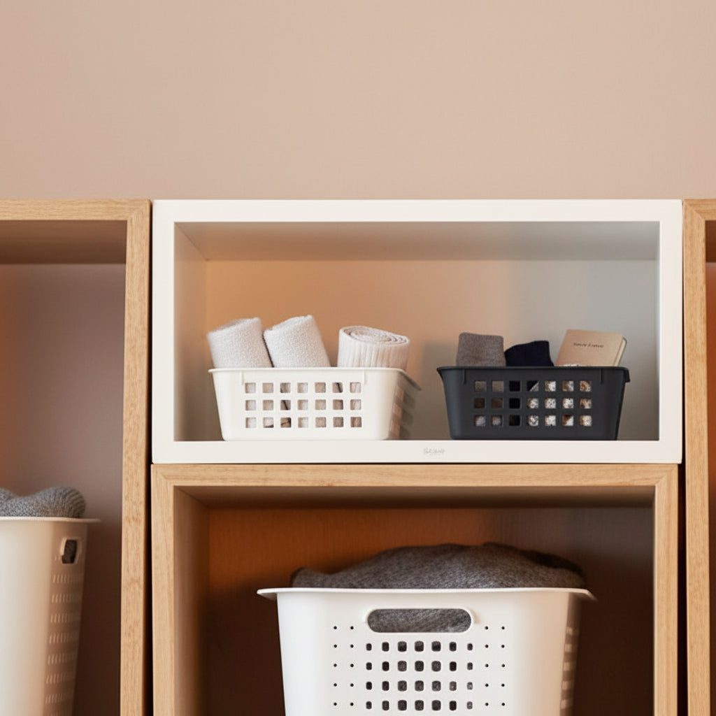 Room interior with storage shelves, a chair, and a bench with bags and shoes.