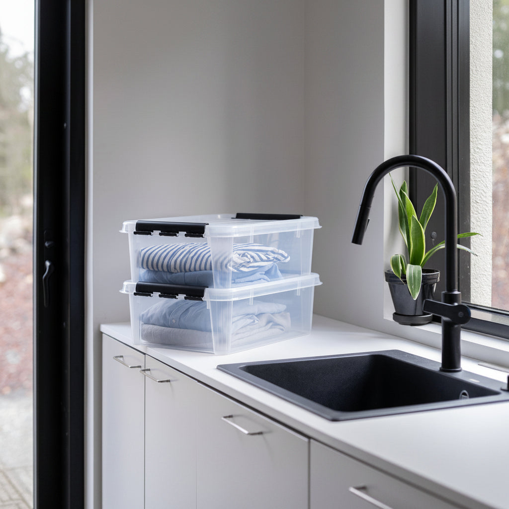 Clear storage containers on a kitchen counter next to a sink with a black faucet.