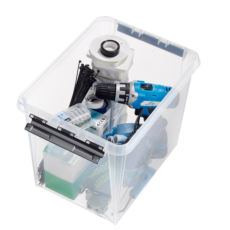 Clear storage box with various tools and equipment on a white background
