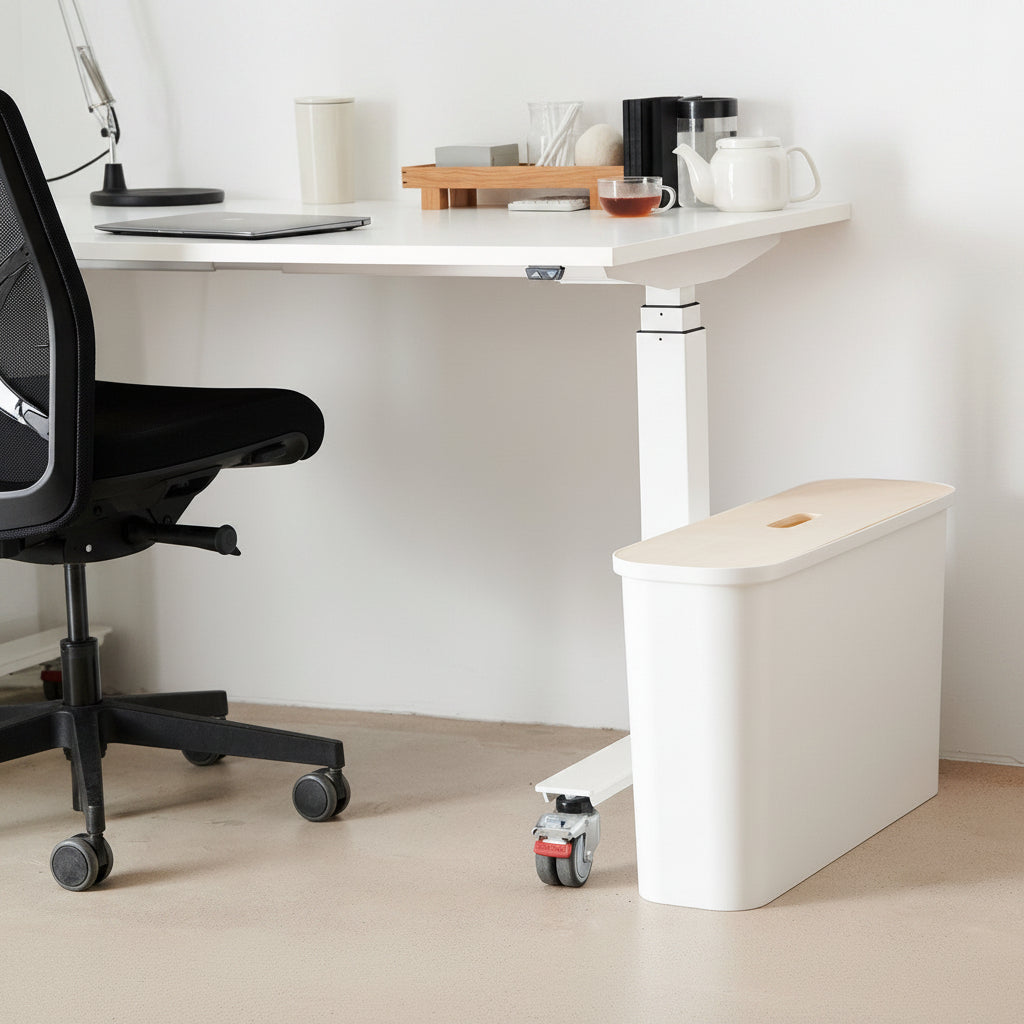White storage box on wheels next to a desk with a chair and various items.