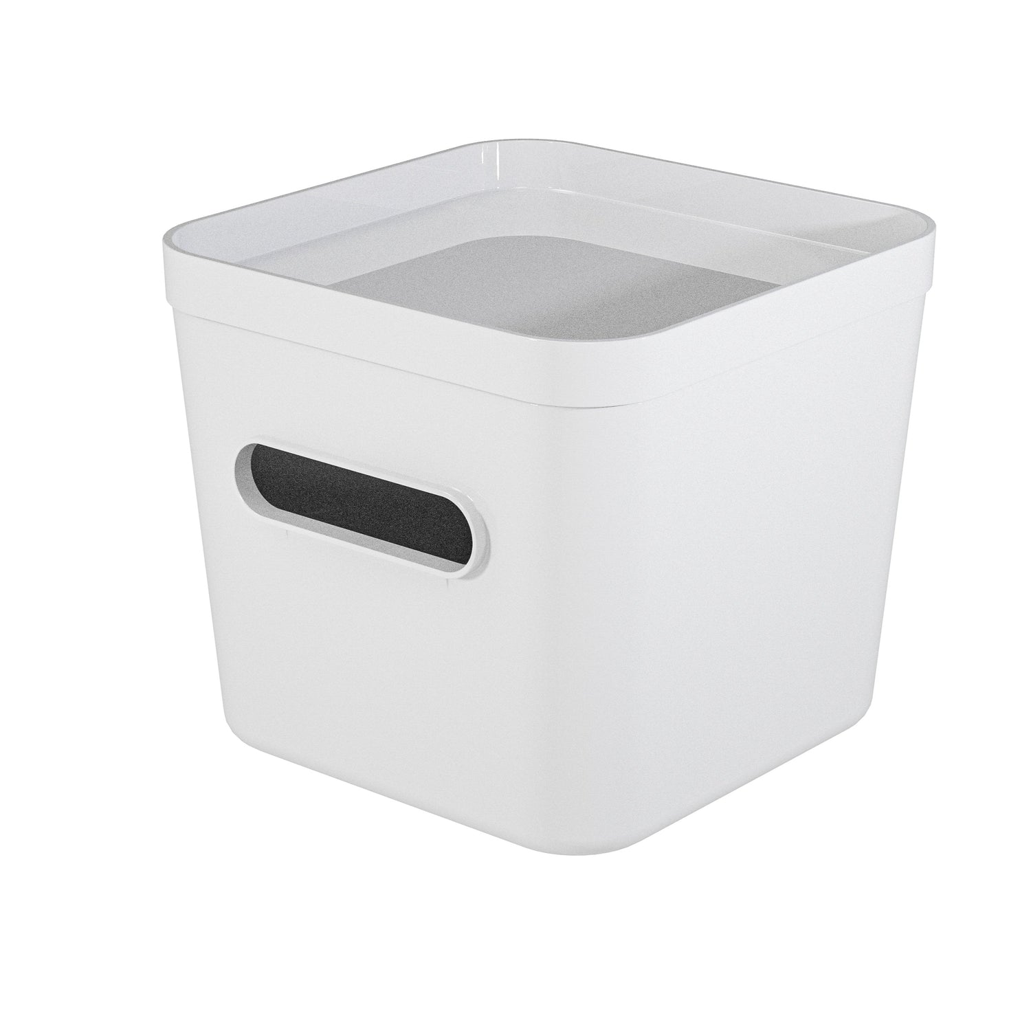 White storage bin with a black handle on a white background