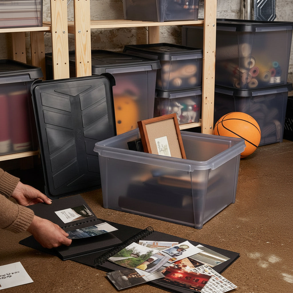 Person sorting through photo albums and cards on a wooden floor with storage bins in the background.