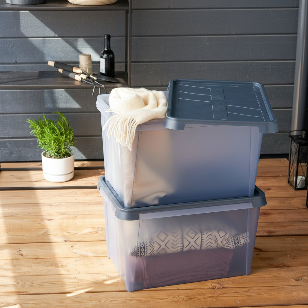 Two stacked storage bins with clothes on a wooden deck