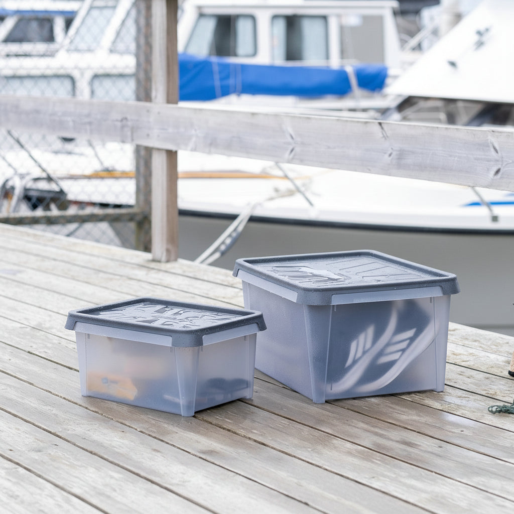 Two gray storage boxes on a wooden dock with boats in the background.