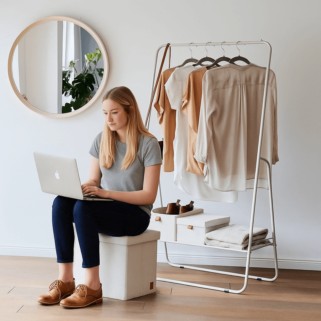 Woman using a laptop in a room with a clothing rack and mirror.