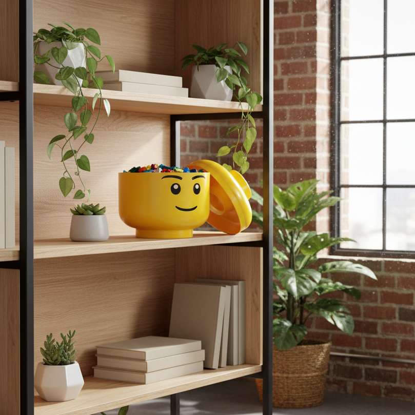 Yellow container shaped like a face with colorful building blocks and a jump rope on a light background