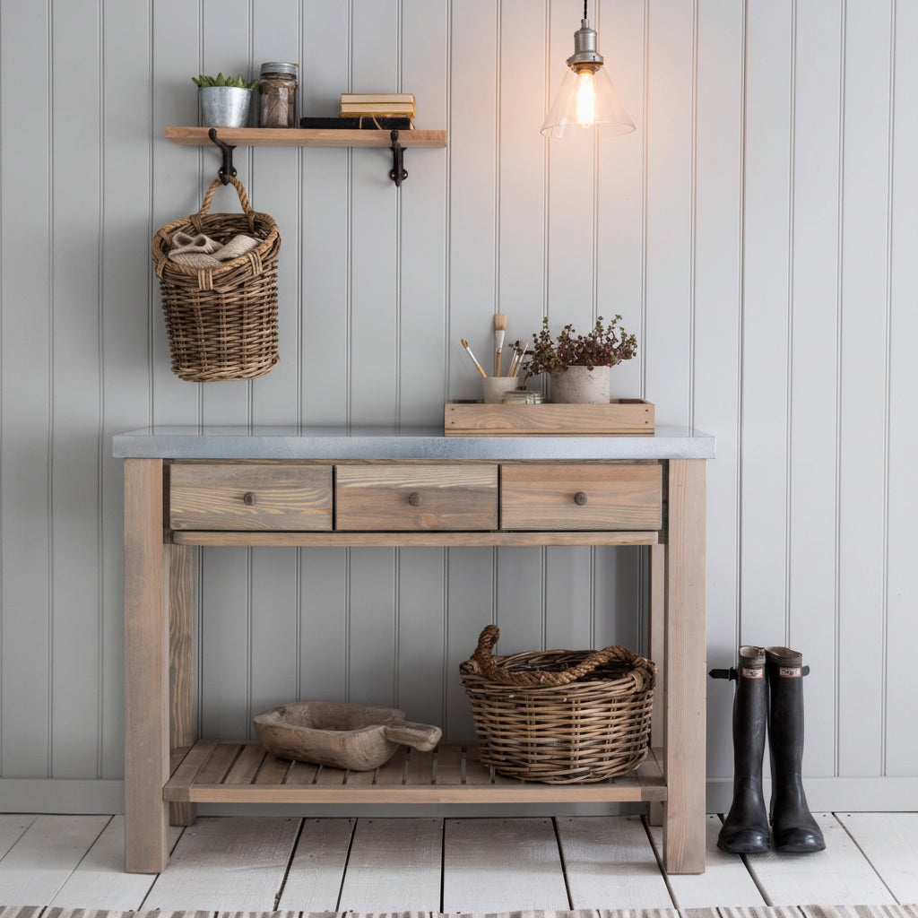 Nautical-themed room with wooden console table, wicker baskets, and decor items against a white paneled wall.
