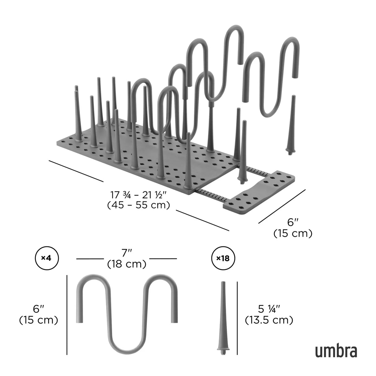 Umbra metal hook rack with dimensions and measurements on a white background