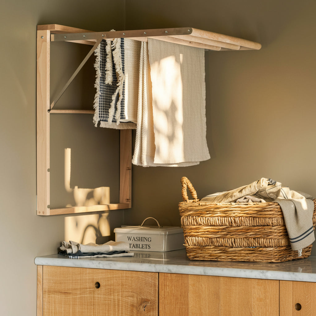 Wooden drying rack with hanging clothes in a laundry room.