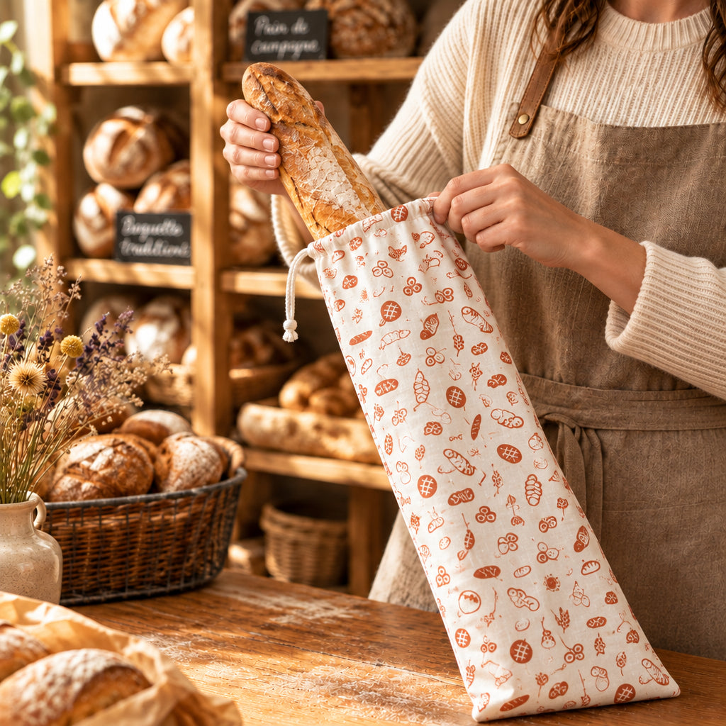 A reusable fabric bread bag with a white background and orange bakery-themed print, shown holding a rustic baguette on a wooden tabletop with bread pieces and dried grass as props.