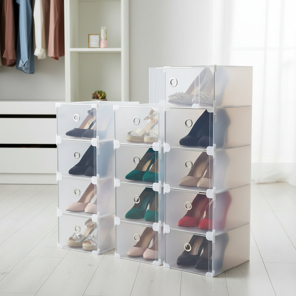 Clear plastic storage box with a gray interior on a white background