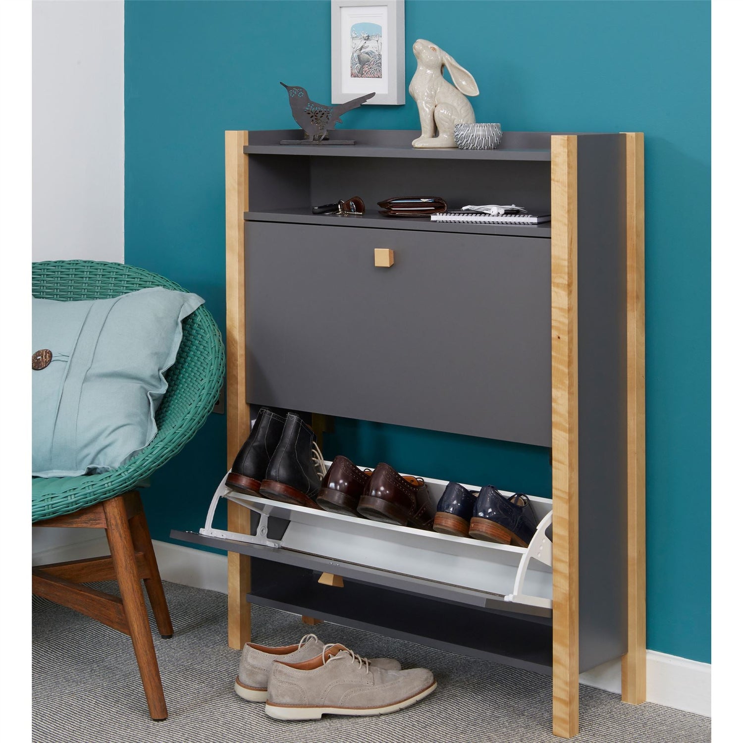Grey Shoe Storage Cabinet - 2 Drawer - Hannover