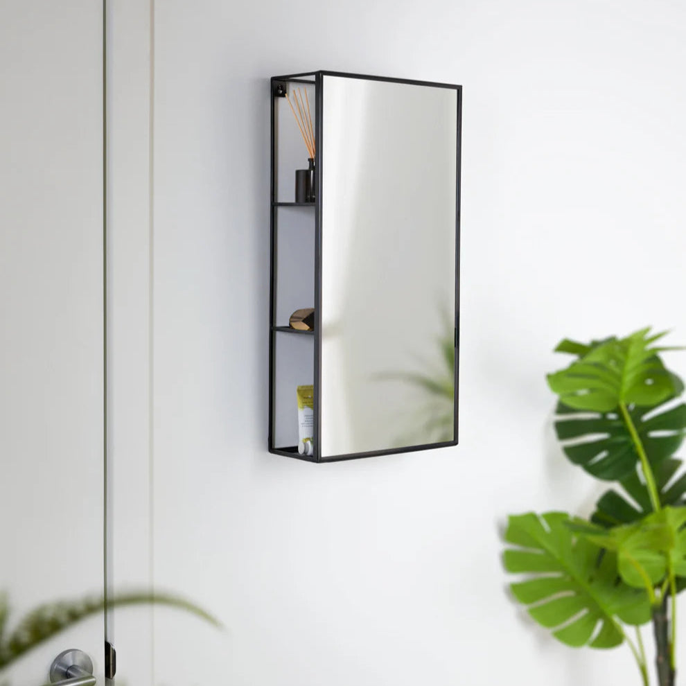 Wall-mounted mirror with shelves on a white wall, with plants in the foreground.