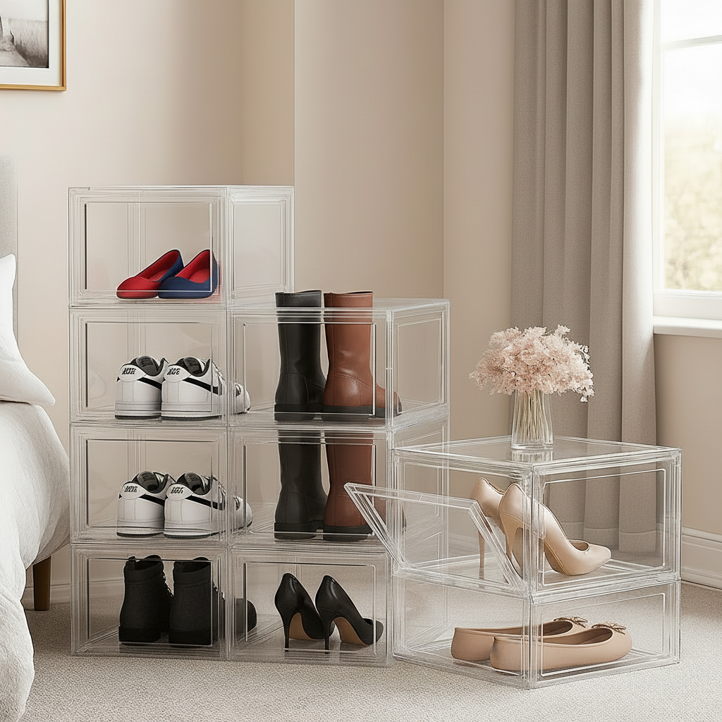 stackable crystal clear shoe storage boxes for trainers, high heels and men and womens shoes