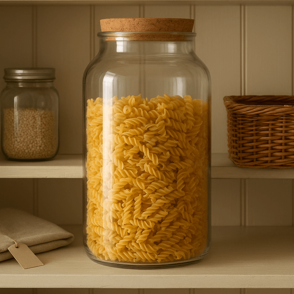 Glass jar with wooden lid filled with pasta on a shelf with other jars and a basket.