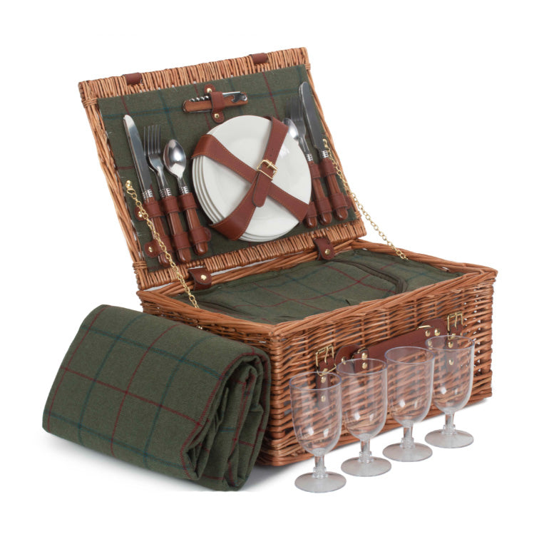 4 Person Picnic Hamper Green Tweed