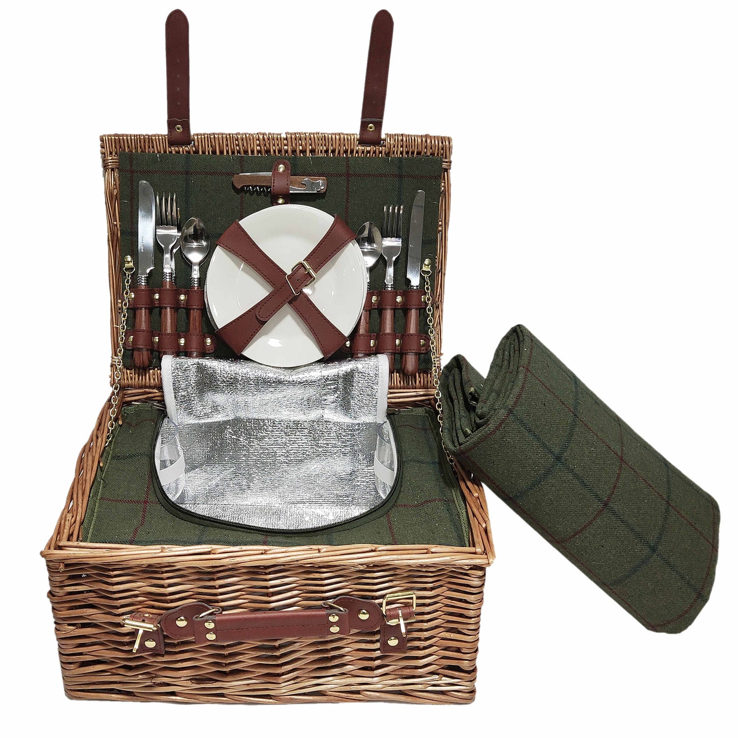 4 Person Picnic Hamper Green Tweed - Not A Boring Box